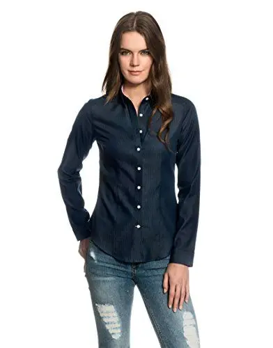 Produktbild: Embraer Damen Bluse tailliert 100% Baumwolle Gemustert Langarm Hemdbluse elegant festlich Kent-Kragen auch für Business und unter Pullover dunkelblau 36