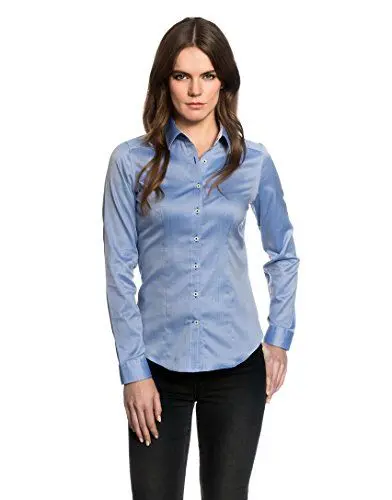 Produktbild: Embraer Damen Bluse tailliert 100% Baumwolle Gemustert Langarm Hemdbluse elegant festlich Kent-Kragen auch für Business und unter Pullover hellblau 38