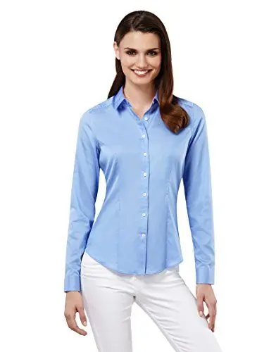 Produktbild: Embraer Damen Bluse tailliert 100% Baumwolle Gemustert Langarm Hemdbluse elegant festlich Kent-Kragen auch für Business und unter Pullover eisblau 38