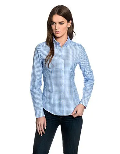 Produktbild: Embraer Damen Bluse tailliert 100% Baumwolle kariert mit Kontrasteinlage Langarm Hemdbluse elegant festlich Kent-Kragen auch für Business und unter Pullover eisblau 38