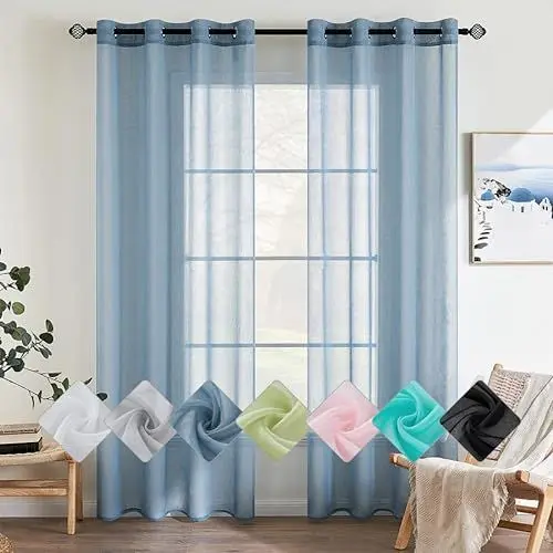 Produktbild: EMEMA 2er Set Sheer Voile Vorhang mit Ösen Transparente Gardine aus Voile Polyester Ösenschal Transparent Wohnzimmer Luftig Dekoschal für Schlafzimmer 140 X 215 cm (B x H) Staubiges Blau