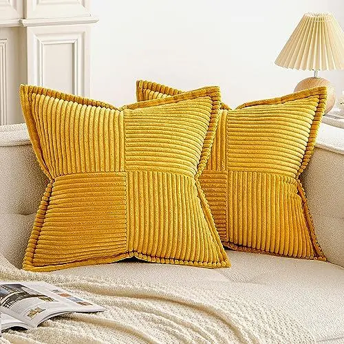 Produktbild: EMEMA Kordsamt Kissenbezüge Weich Dekokissen Dekorativ Kissenbezug 50x50 cm Kissenhülle Sofakissen Zierkissen Couchkissen 2er Set für Wohnzimmer Schlafzimmer Kurkuma