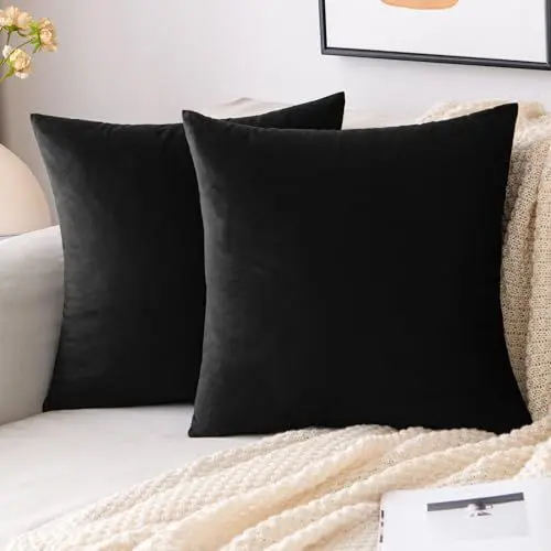 Produktbild: EMEMA Samt Kissenbezug Kissenhülle 40x40 cm Dekorative Dekokissen Schwarz Sofakissen Lendenkissen Wurfkissenbezug mit Verstecktem Reißverschluss Schlafzimmer Sofa 2er Set