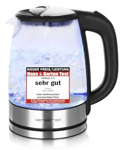 Produktbild: EMERIO Glas Wasserkocher mit 1.7 Liter Volumen | 2200 Watt | blaue LED Innenbeleuchtung | 360° Basis | SIEGER Preis/Leistung Haus & Garten Test | bestes Borosilikatglas | BPA frei | WK-119988.7