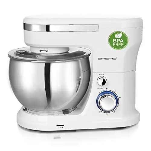 Produktbild: EMERIO Küchenmaschine Knetmaschine Rührmaschine mit 5L Edelstahlschüssel + 3 Rührwerkzeuge + Spritzschutz mit Einfüllöffnung kraftvolle 1000 Watt Power 6 Geschwindigkeiten + Pulse Retro KM-123117