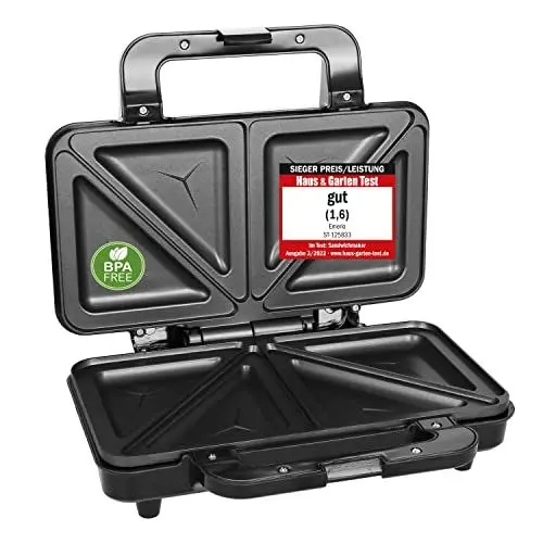 Produktbild: Emerio Doppel Sandwich Maker, BPA frei, für dreieckiges Sandwich, leicht zu reinigen, Antihaftbeschichtung, heizt schnell auf, 900 Watt, Schwarz