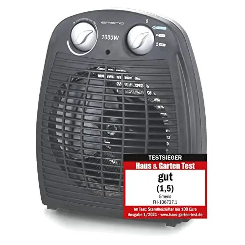 Produktbild: Emerio FH-106737.2, Note 1.5, kleiner kompakter portabler Heizlüfter für 20 m², 2 Heizleistungen + Ventilatorfunktion, verstellbarer Thermostat, Sicherheitsschalter, Handgriff, 2000 Watt, Anthrazit