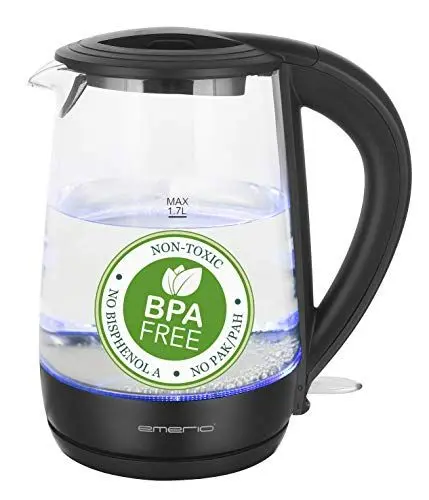 Produktbild: Emerio Glas Wasserkocher 1.7L Volumen BPA frei aus bestem Borosilikatglas 2200 Watt blaue LED Innenbeleuchtung Überhitzungsschutz mit hochwertigem Edelstahl Heizelement WK-123124, glas/schwarz