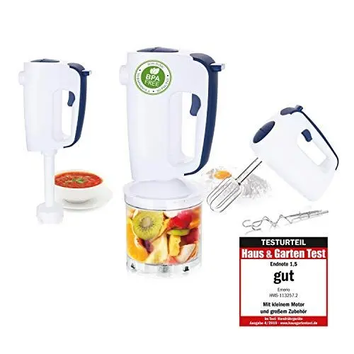 Produktbild: Emerio HMS-113257.2 Handmixer-Set mit revolutionärem 1-Finger-Speed-Control, Quirl Mixer Zerkleinerer, 3in1, kinderleichte Handhabung, kraftvolle 300 Watt, BPA frei, Soft Griff, leicht zu reinigen