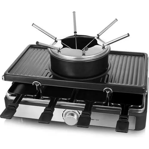 Produktbild: Emerio Partyspaß für bis zu 8 Personen mit dieser 3-in-1-Kombination aus Raclette Grill und Käse-Fondue für ein vielfältiges Grillvergnügen inkl. 8 Pfännchen 8 Spachtel 6 Fondue-Gabeln -> BPA frei