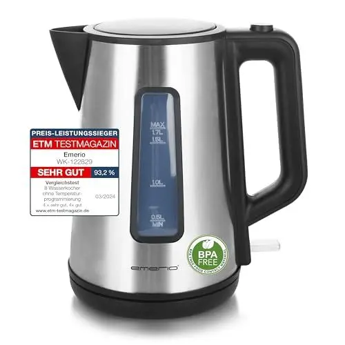 Produktbild: Emerio Wasserkocher doppelwandiges Cool-Wall Gehäuse 1.7L BPA 2200 Watt Auto Off Überhitzungsschutz mit hochwertigem Edelstahl abgedecktes Heizelement Deckelöffnung auf Knopfdruck Edelstahl