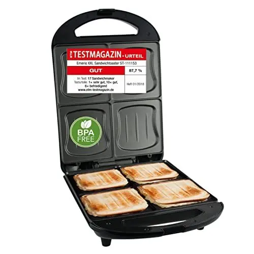 Produktbild: Emerio XXL Sandwich Toaster TEST GUT für alle Toastgrößen geeignet 4x große Muschelform für die ganze Familie Käse läuft nicht aus kein Verschmieren BPA frei 1300 Watt Sandwichmaker 4er