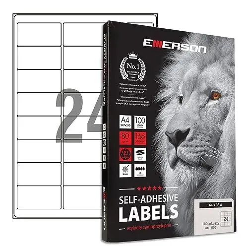 Produktbild: Emerson 64 x 33,8mm, 24 Stück/Blatt, 100 Blatt A4 Universal selbstklebende Etiketten Etiketten Selbstklebend Aufkleber zum Beschriften Etiketten zum Beschriften Aufkleber für den Etikettendruck