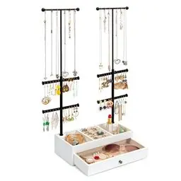 Produktbild: Emfogoo Schmuckständer, 6 Tier Schmuckbaum mit Verstellbare Höhe Kettenstander für Ketten Ohrringe Ringe Armbänder, Schmuckhalter mit Holz Basisch Schmuckaufbewahrung Organizers(Vintage Weiß)