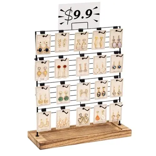 Produktbild: Emfogoo Schmuckständer, Ohrring Aufbewahrung, 4 Tier Ohrringständer mit 20 Abnehmbaren Haken, Ohrring Organizer mit Holz Base für Ohrringkarten, Armbänder, Schlüsselanhänger(Rustikal Braun)