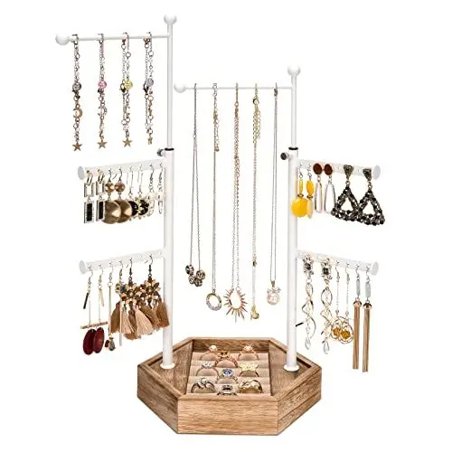 Produktbild: Emfogoo Schmuckständer für Damen, Schmuckaufbewahrung, höhenverstellbar, Schmuckständer für Ohrringe und Halsketten, Schmuckbaum, Schmuckständer mit Aufbewahrungsbox aus Holz