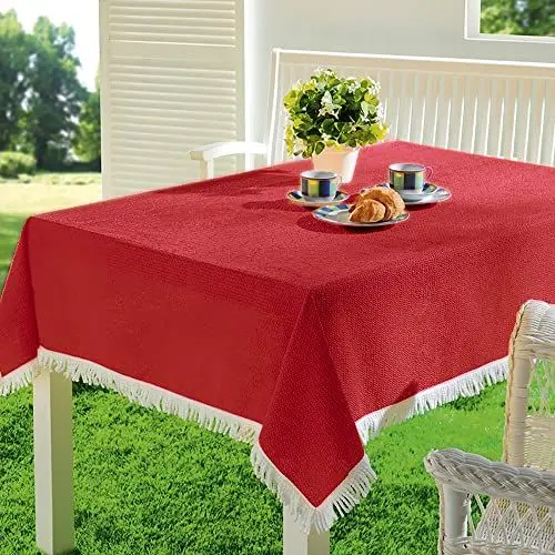 Produktbild: EMHELLE Gartentischdecke Garten Balkon Terrasse Tischdecke Camping Picknick Rund Oval Eckig Außen und Innenbereich Rutschhemmende Oberfläche mit weißen Fransen (130 x 160 cm, Rot)