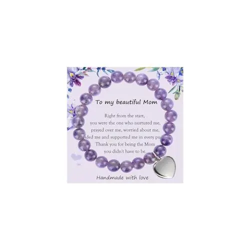 Produktbild: Emibele Amethyst Armband, Schöne Geschenke für Mutter, 8mm Natürliches Edelstein Perlenarmband mit Edelstahl Herzanhänger, Handgemachtes Heilendes Armband für Damen Frauen und Mädchen, Lila