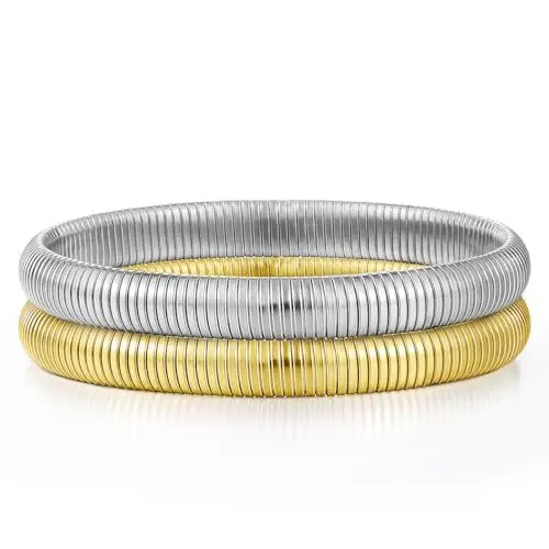 Produktbild: Emibele Armband-Set 2 Stück, 8mm Rostfreier Stahl Armband Stapelbares Stretch-Armband Elastisches Schlangenketten-Armband, Einfaches Modisches Stapelarmband für Frauen Teenager, Gold & Silber