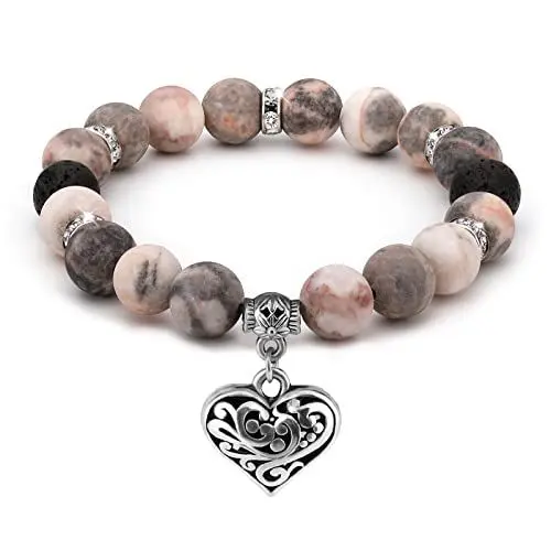 Produktbild: Emibele Armband Damen, 10 mm Heilende Stretch Perlen Armbänder mit Rosa Zebra Stein & Lava Perlen für Ätherische Öle, Perlenarmband Naturstein Schmuck mit Herzanhänger für Frauen Mädchen, Rosa/Silber