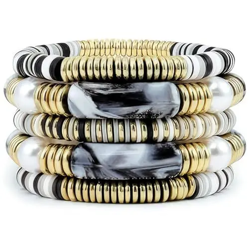 Produktbild: Emibele Bamboo Tube Armbänder, Satz von Stapelbaren Armbänder Elastische Multicolour Acryl Perlen Elastische Armbänder, Perlen Armband für Frauen Mädchen Teen, Schwarz Grau/Golden