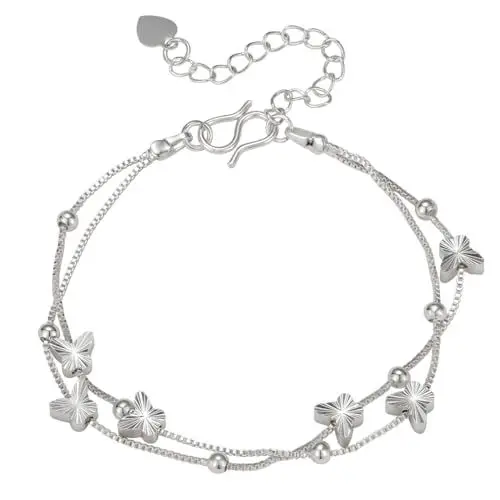 Produktbild: Emibele Charme Schmetterling Armband für Frauen Mädchen, Doppeltes Perlenarmband Doppelte Feine Kette Armband,Zartes Armband Geschenk für Mutter, Freundin, Freund, Silber