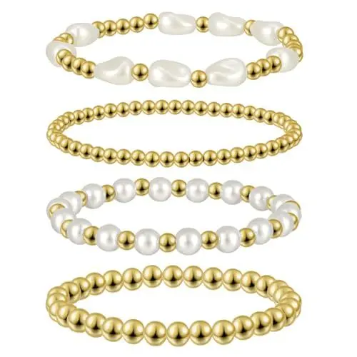 Produktbild: Emibele Gold Perlen Armbänder Set, 4pcs 14K Echtgold Gefüllte Stretch Armband Stack Perlenarmband, Stackable Gold Armbänder Schmuck, Geschenk für Frauen Freundin Mutter Mädchen, Weiß/Golden