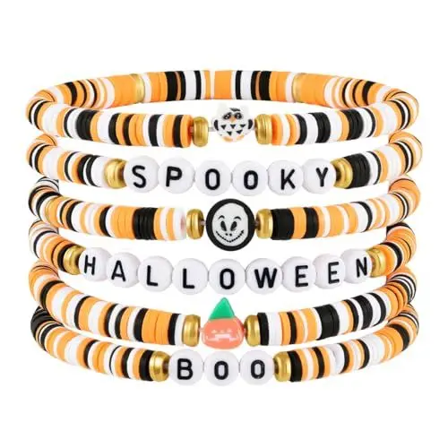 Produktbild: Emibele Halloween Ton Perlen Armbänder für Frauen 6Pcs, Spooky BOO Halloween Armbänder Set mit Kürbis Schädel Charme, Preppy Vinyl Disc Stretch Freundschaftsarmband Stack für Halloween Party, Rave