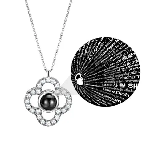 Produktbild: Emibele Kette Damen mit Ich Liebe Dich in 100 Sprachen, Glücksklee-Anhänger-Halskette, Halskette Damen Geschenke für Frauen, Schmuck Damen als Personalisierte Geschenke, Silber