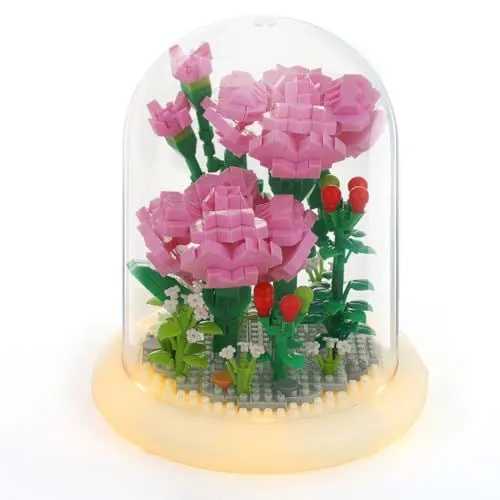 Produktbild: Emibele Nelke Blume Baukasten (770 Pcs), Botanical Collection-Set mit Staubschutz, Beleuchtete Blume Bauklötze Ziegel Spielzeug DIY Heimdekoration, Rosa