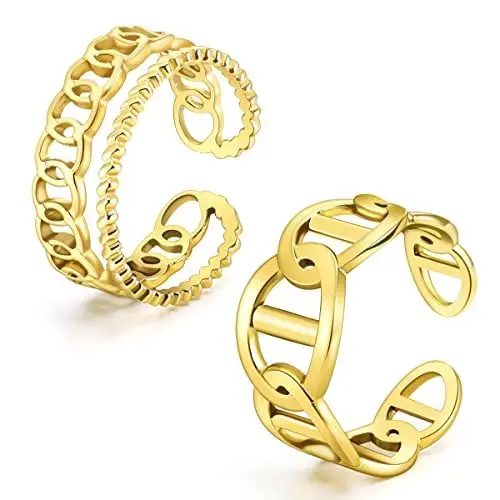 Produktbild: Emibele Ringe für Damen, 2 Stück Fingerringe aus 18 K Vergoldetem Edelstahl, Verstellbare Offene Ringe mit Panzerkette Design, Bandring für Frauen Mädchen Freundin, Schmuck Geschenk - Gold