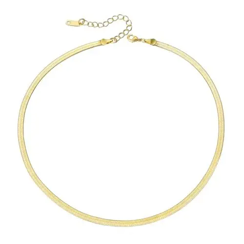 Produktbild: Emibele Schlangenhalskette für Frauen, Edelstahl 14K vergoldetes flache Kette Halskett in Gold, Elegante Schmuck Geschenke – Verstellbare Länge 42/48 cm, Gold