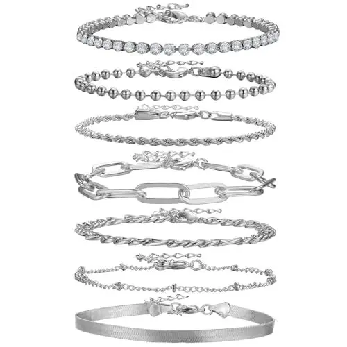 Produktbild: Emibele Silber-Armband-Set für Damen Mädchen, Gliederarmbänder Layered Figaro Büroklammer Tennis Beaded Verstellbares stapelbares Armband Modeschmuck, 7 Stück, Silber