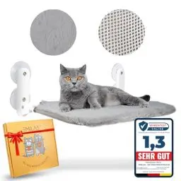 Produktbild: Emilas® Fensterliege für Katzen ( EXTRA STABILE HÄNGEMATTE ) - inkl. beidseitig verwendbarem Liegebezug - schnurlose Katzenliege - klappbare Katzenhängematte bis 23 kg belastbar, 53 x 30 cm grau