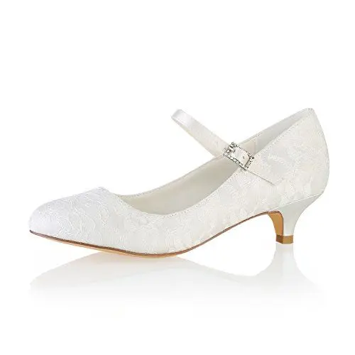 Produktbild: Emily Bridal BrautschuheSpitze Hochzeit Schuhe runde Kappe Mary Jane Brautschuhe Kitten Heel Mutter Schuhe (EU36, Elfenbein)