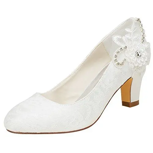 Produktbild: Emily Bridal Brautschuhe Damen Satin Chunky Heel geschlossene Zehe mit Pailletten Stitching Lace, Ivory, 41 EU