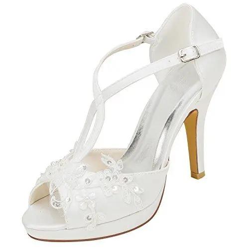 Produktbild: Emily Bridal Brautschuhe Damen Seide wie Satin Stiletto Peep Toe Plattform mit Nähte Spitze Perle, 39 EU, Ivory