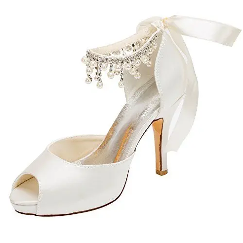 Produktbild: Emily Bridal Brautschuhe Elfenbein Hochzeit Schuhe Satin High Heels Peep Toe Perlen Lace Up Brautschuhe (EU39, Elfenbein)
