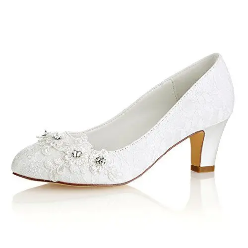 Produktbild: Emily Bridal Brautschuhe Frauen Seide wie Satin Stämmiger Absatz Absatzschuhe mit Stich Spitzen Blume Kristall (EU40, Ivory)