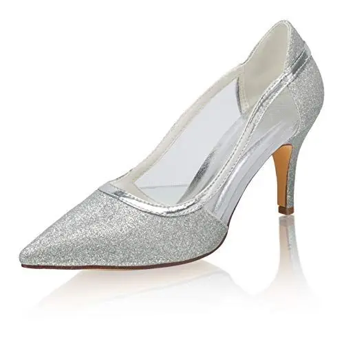 Produktbild: Emily Bridal Brautschuhe Glitter Stilettos Lace Pumps mit Pfennigabsatz Hochzeit (EU41, Silber)