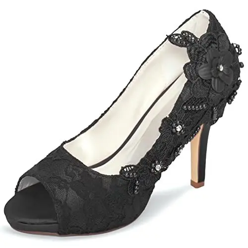 Produktbild: Emily Bridal Brautschuhe Spitze Hochzeitsschuhe Spitze Peep Toe High Heel Brautschuhe (EU36, Schwarz)
