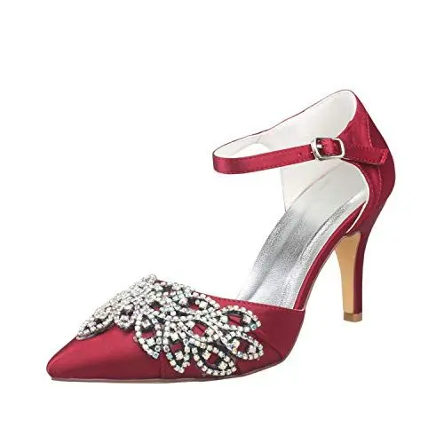 Produktbild: Emily Bridal Damen Hochzeitsschuhe Deep Blue Spitz Stiletto Strass Elegant Nachgeahmte Seide Braut Pump Schuhe (EU35, Burgund)