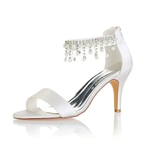 Produktbild: Emily Bridal Damen Seide wie Satin Stöckel Absatz Peep Toe Sandalen mit Bowknot Kristall (EU36, Elfenbein)