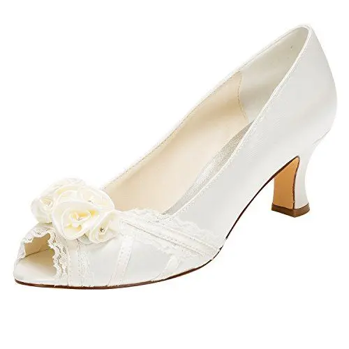 Produktbild: Emily Bridal Elfenbein Hochzeit Schuhe Peep High Heel Lace Satin Blume Slip-on Brautschuhe (EU39, Elfenbein)