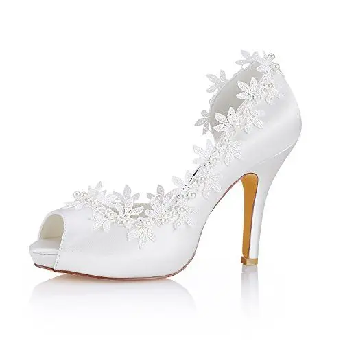 Produktbild: Emily Bridal Hochzeit Schuhe Seide Peep Toe Lace Detail Brautschuhe Frauen High Heels, 38 EU, Elfenbein