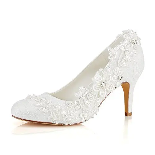 Produktbild: Emily Bridal Hochzeitsschuhe Damen Seide wie Satin Stöckel Absatz Pumps mit Stitching Spitze Blume Crystal Pearl, Elfenbein, 37 EU (4 UK)