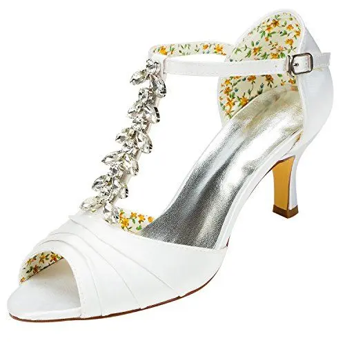 Produktbild: Emily Bridal Ivory Brautschuhe Crystal Kitten Heel Sandaletten Damen T Strap Open Toe Abendschuhe (EU38, Elfenbein)