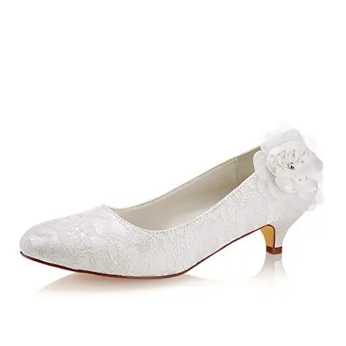Produktbild: Emily Bridal Lace Mutter Schuhe Round Toe Hochzeitsschuhe Elfenbein Brautschuhe (EU40, Elfenbein)