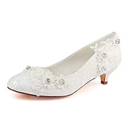 Produktbild: Emily Bridal Lace Mutter Schuhe Round Toe Hochzeitsschuhe Elfenbein Brautschuhe (EU42, Elfenbein)