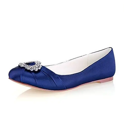 Produktbild: Emily Bridal Peep Hochzeit Schuhe Elfenbein Flache Pumps Perle Strass Slip-on Brautschuhe (EU37, Dunkelblau)